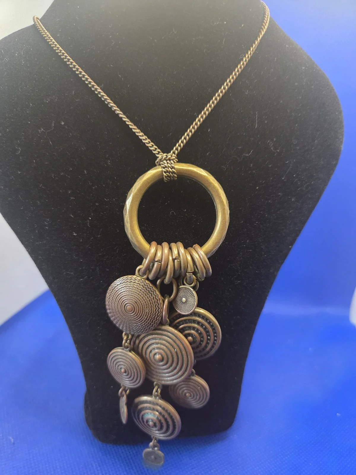 Vintage Bronze Ethinic Spiral Disc Drop Necklace