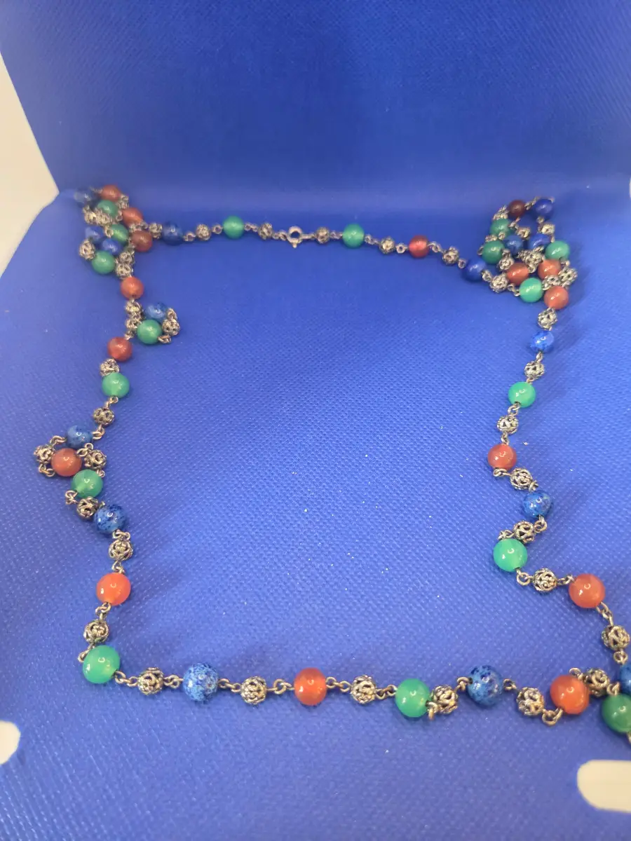 Vintage Multi Gemstone Necklace Lapis, Carnelian, Aventurine & Silver Filigree