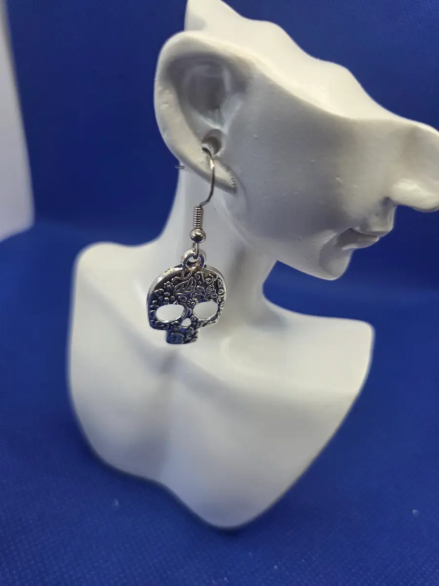 Gothic Floral Skull Dangle Earrings Silver Tone