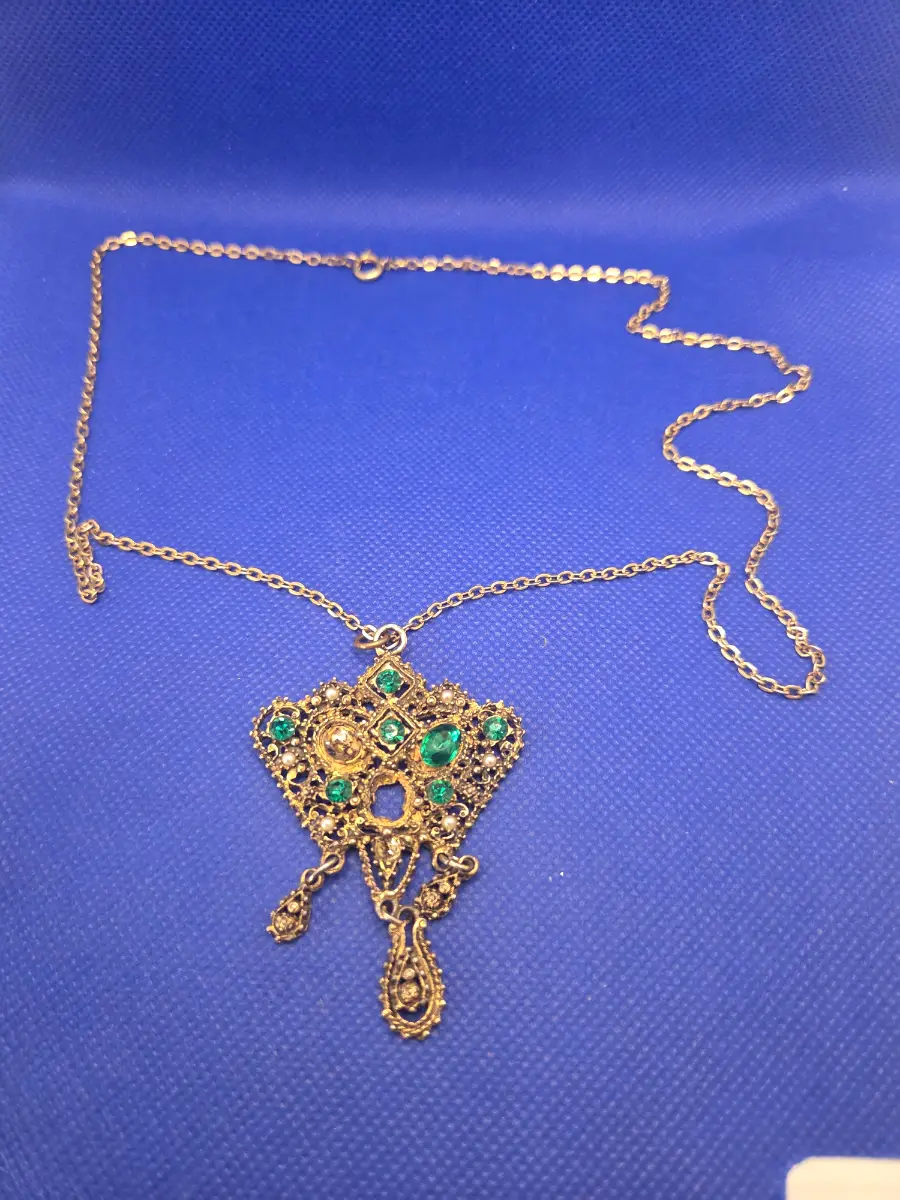 Gothic Revival Filligree Green Crystal Statement Necklace