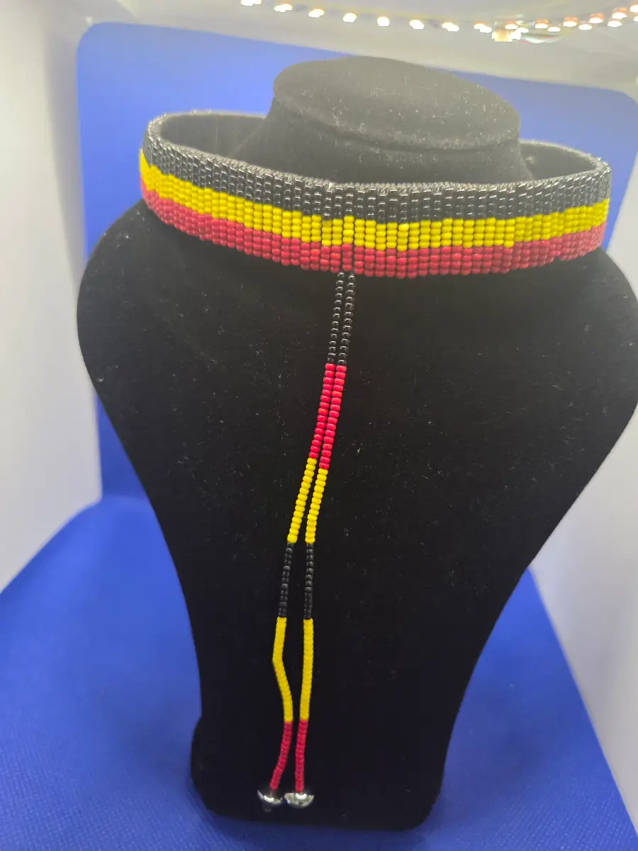 Handwoven Beaded Choker – Black, Yellow & Red Striped Adjustable Necklace