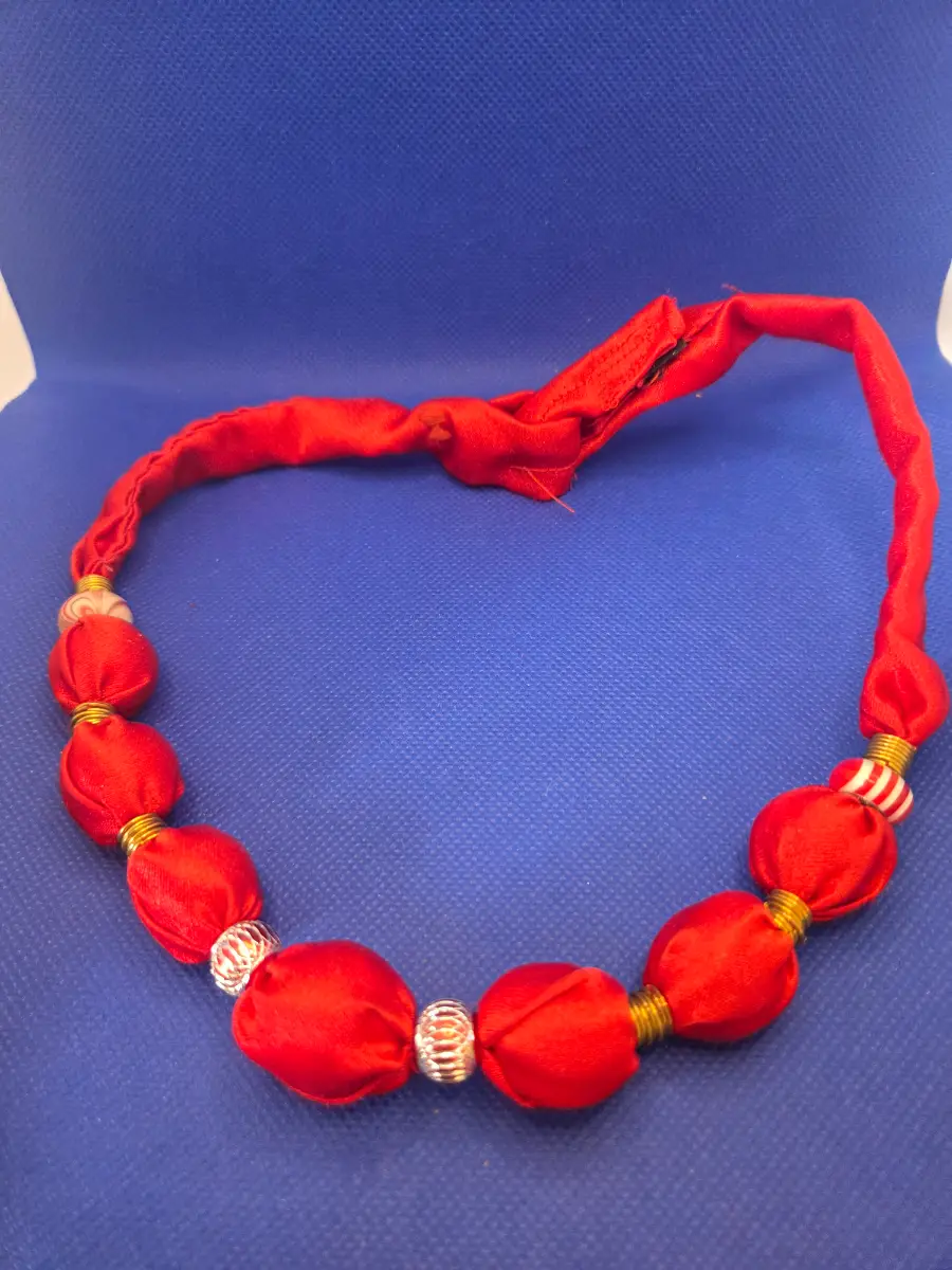 Vibrant Red Fabric Necklace With Gold And Silver Attachments