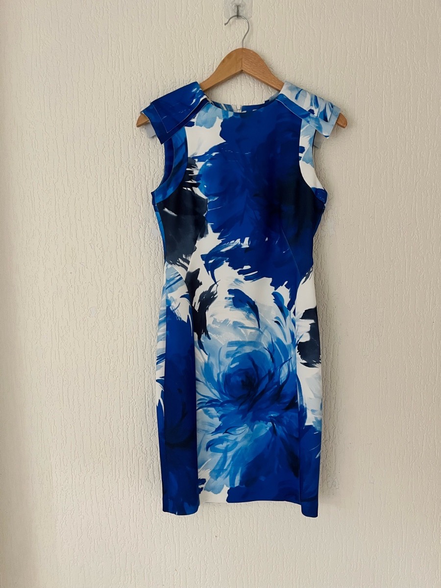 Zara Basic Blue Floral Bodycon Dress Size S UK 8 Stretch Pencil Occasion Party