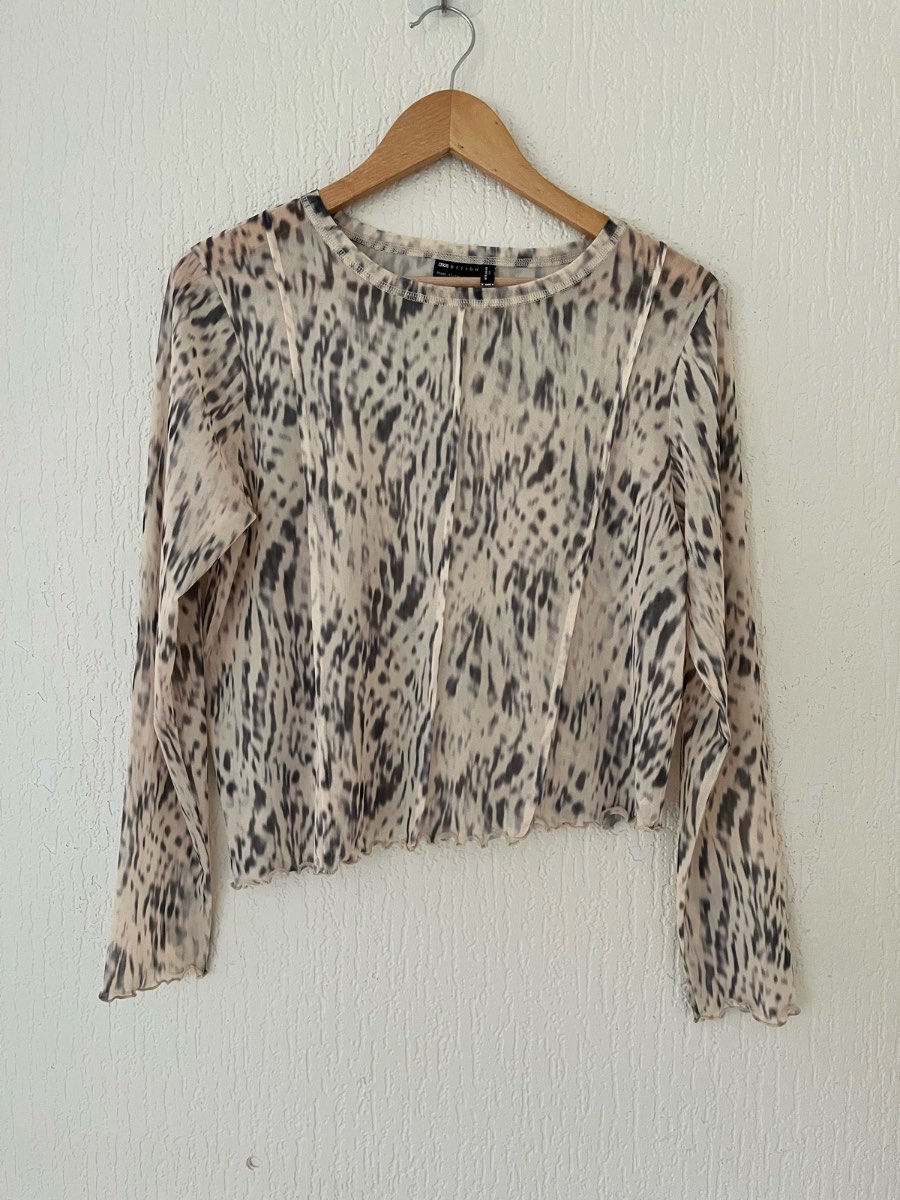 ASOS DESIGN Mesh Animal Print Crop Top UK 18 Leopard Sheer Y2K Long Sleeve