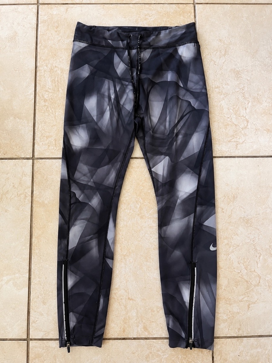 Nike Dri-FIT Running Leggings Women’s M Black Grey Print Zip Ankle Gym Tights