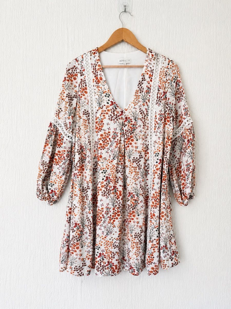 Apricot Floral Smock Dress UK 10 Cream Orange Boho V Neck Mini Tunic 100% Viscose
