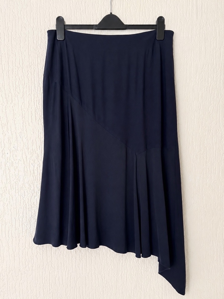 M&S Per Una Skirt Women’s UK 16 Navy Asymmetric Hem Flippy Midi Viscose Skirt