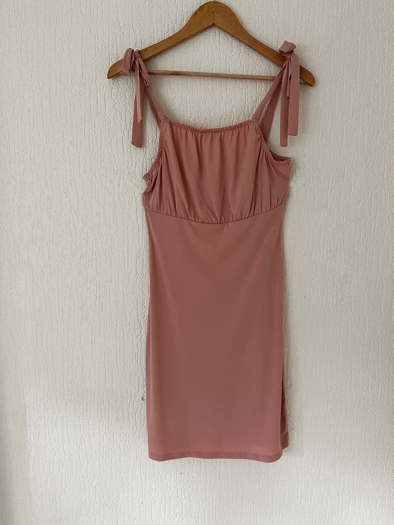 VILA Amanda Mini Dress Women’s S Pink Tie Shoulder Ruched Bust Stretch NWT
