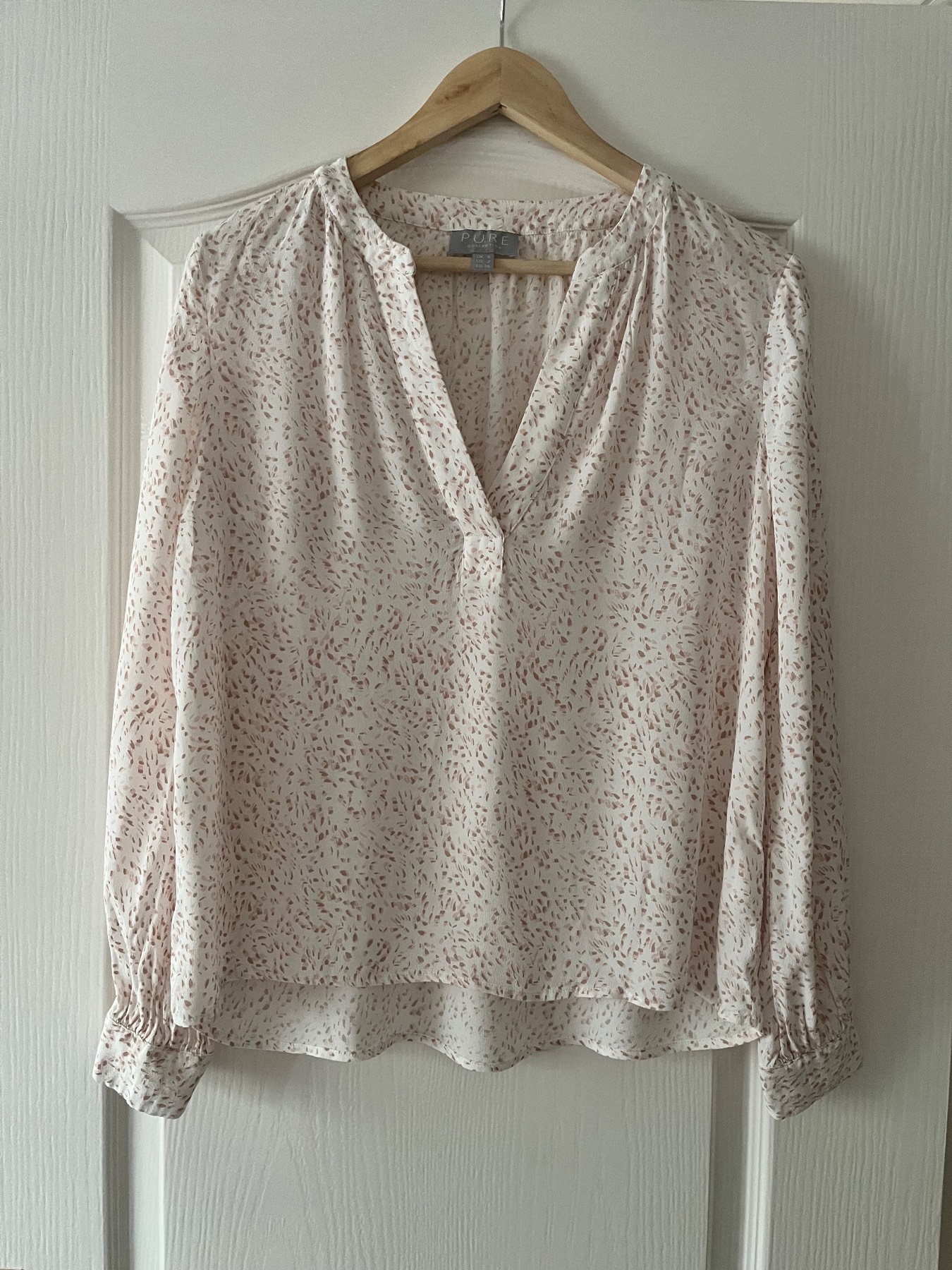 Pure Collection Blouse UK 8 Cream Pink Print Long Sleeve V Neck Top