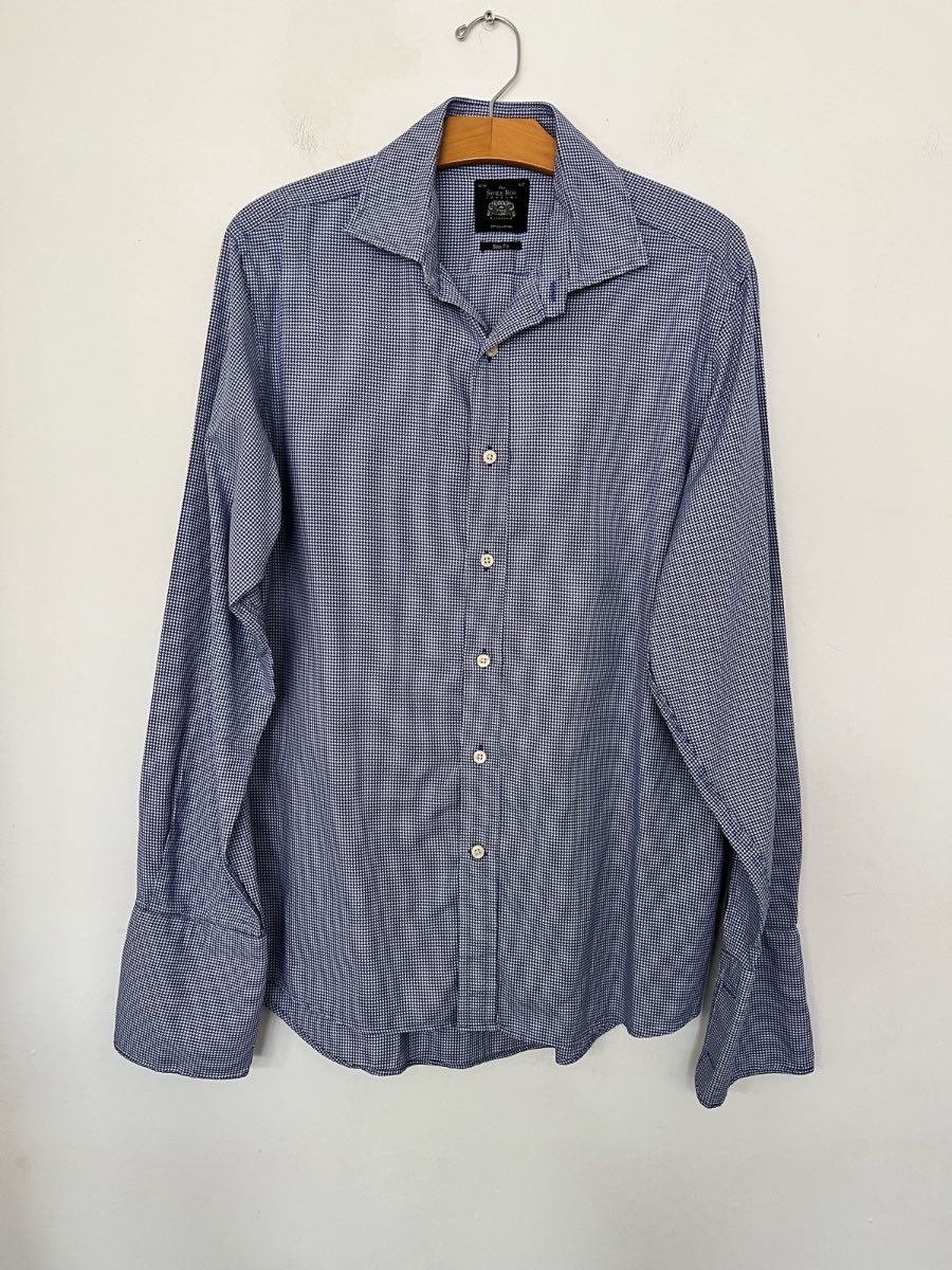 The Savile Row Company Men’s Shirt 16.5” Slim Fit Blue Houndstooth 100% Cotton