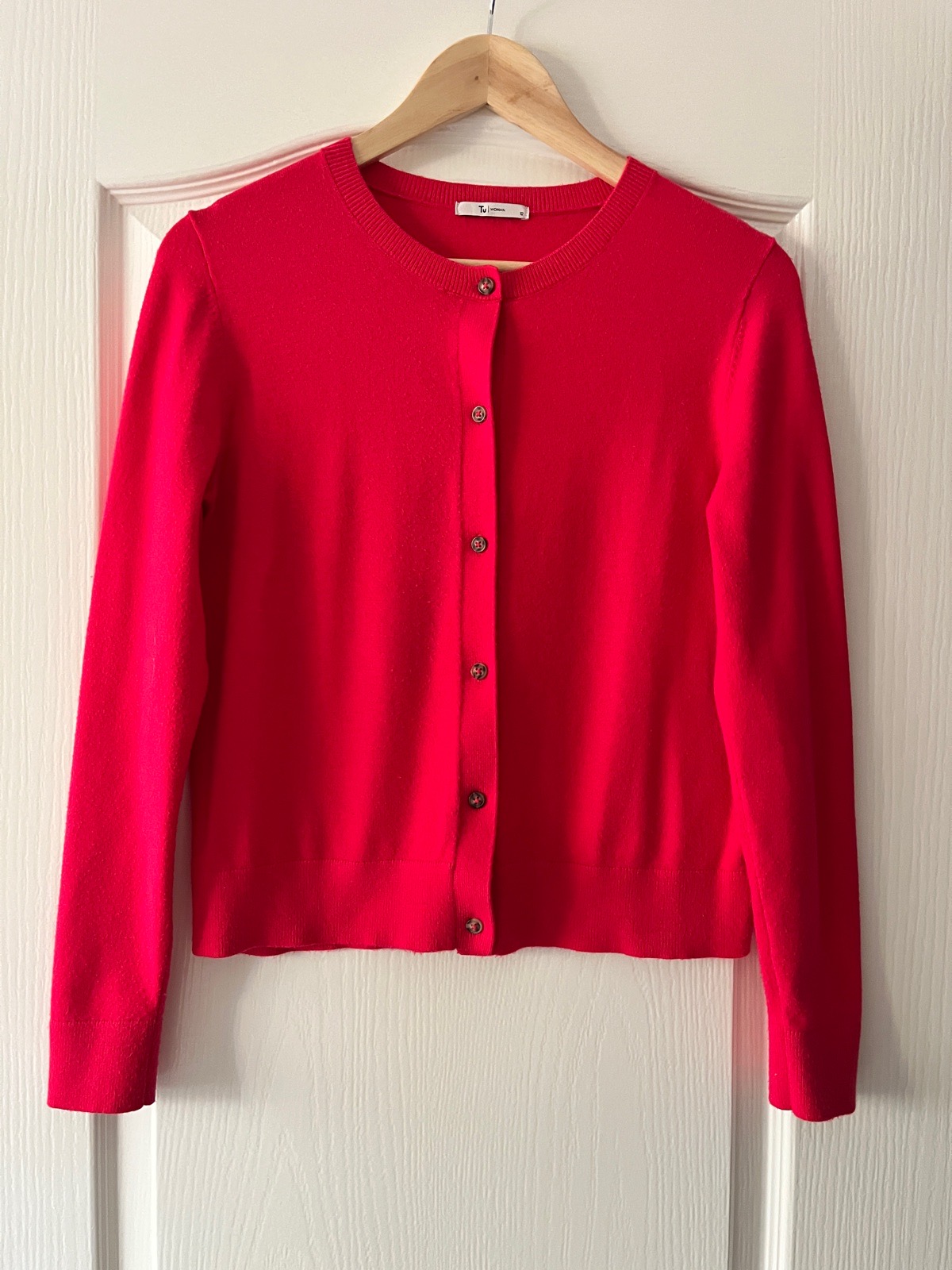 Tu Woman Cardigan Size 12 Red Cerise Button Front Crew Neck Soft Knit