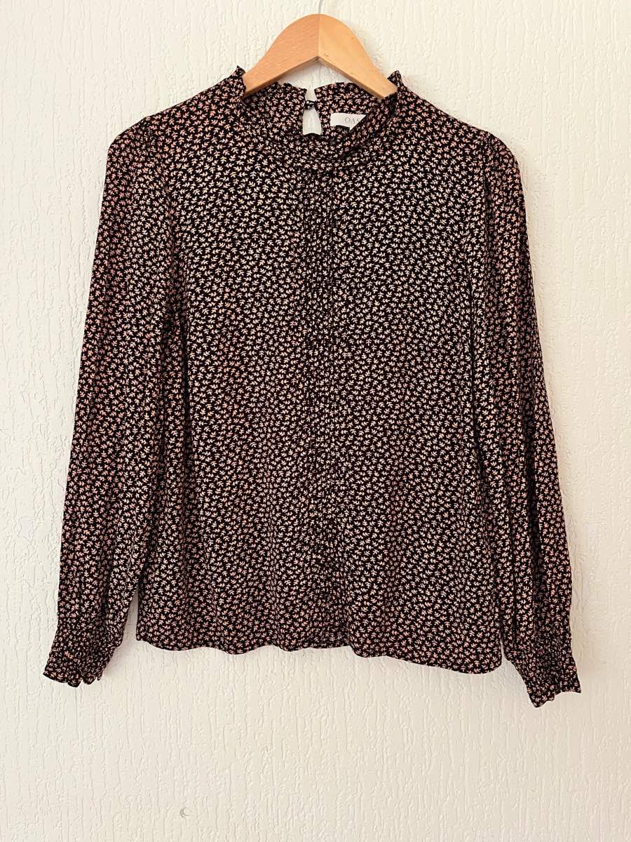 Oasis Blouse UK 10 Black Pink Ditsy Floral High Neck Long Sleeve Viscose Top