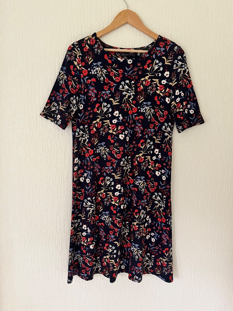 M&S Collection Floral Jersey Dress Women’s UK 14 Navy Red Midi Stretch