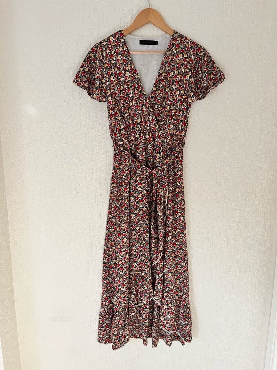 Tenki London Floral Wrap Midi Dress S/M Red Cream Tie Waist Tea Dress