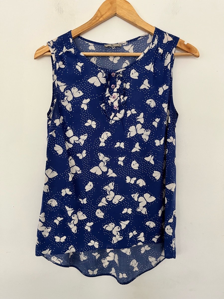 TU Butterfly Print Sleeveless Blouse Top UK 8 Blue White Viscose Ruffle Front