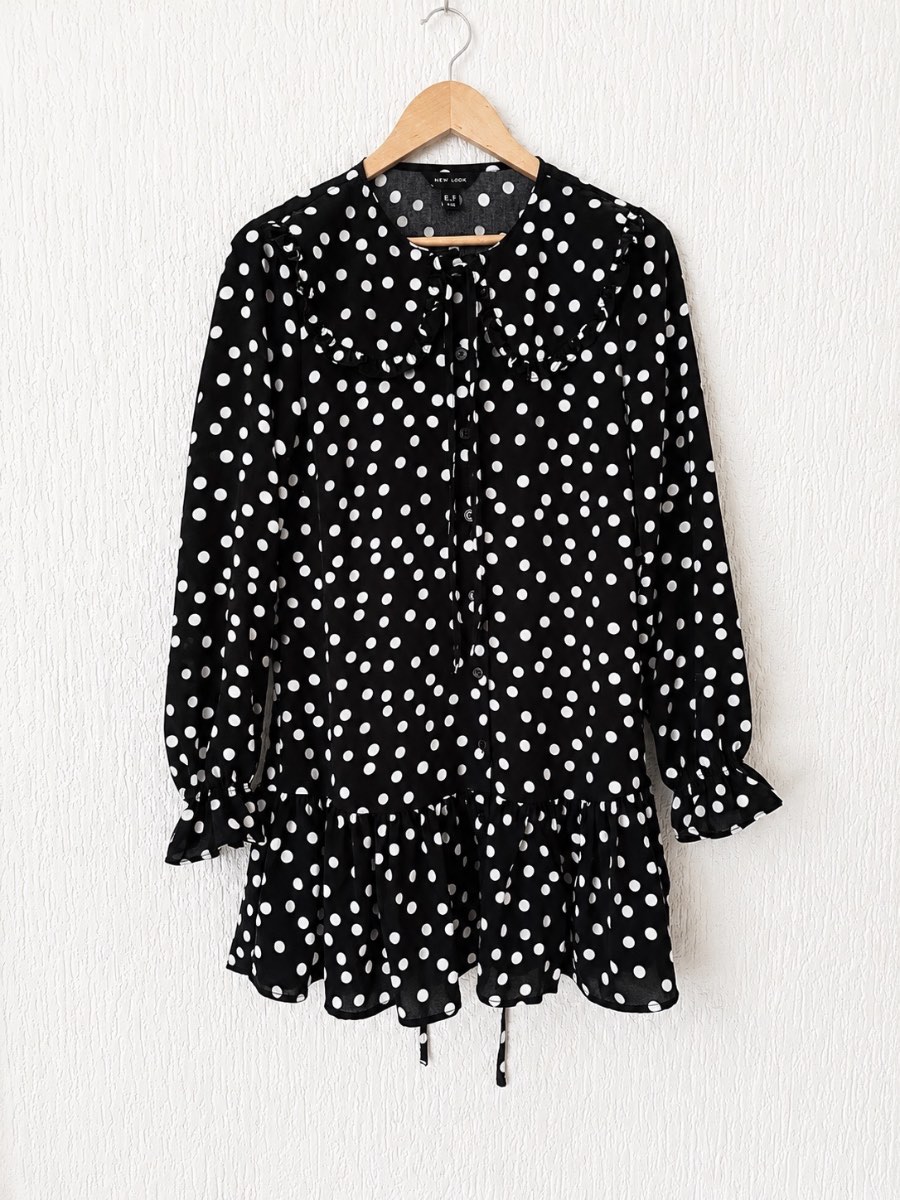 New Look Dress UK 12 Black White Polka Dot Mini Smock Long Sleeve Frill Collar Button Front