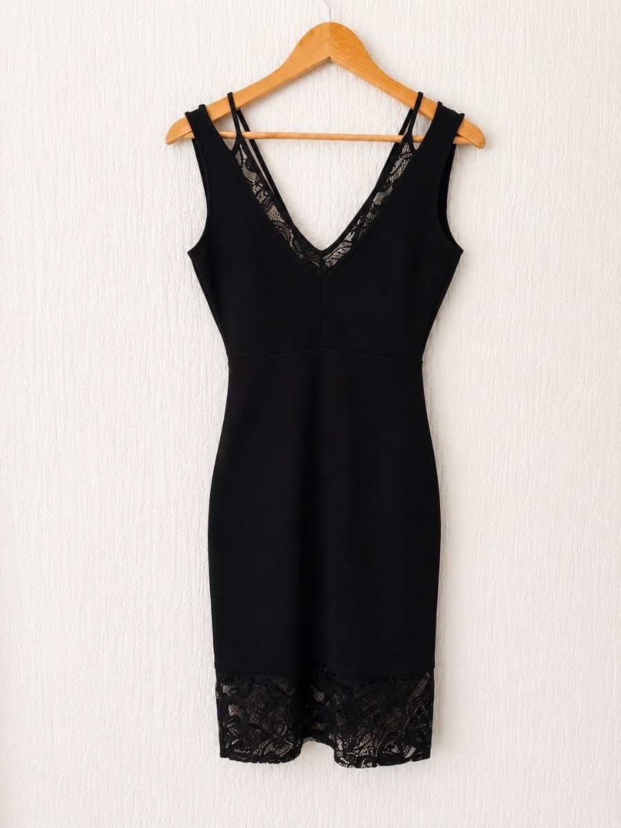 French Connection Dress UK 8 Black Lace Trim Bodycon Mini Party Evening Dress