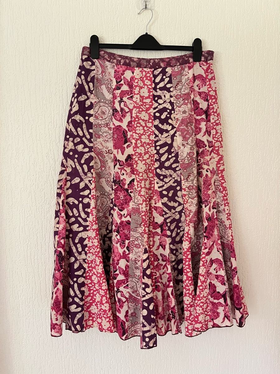 Per Una M&S Patchwork Floral Midi Skirt UK 14 Pink Purple Crinkle Cotton Boho