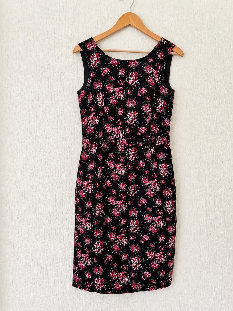 Laura Ashley 100% Linen Dress UK 10 Black Pink Floral Sleeveless Shift Occasion Dress