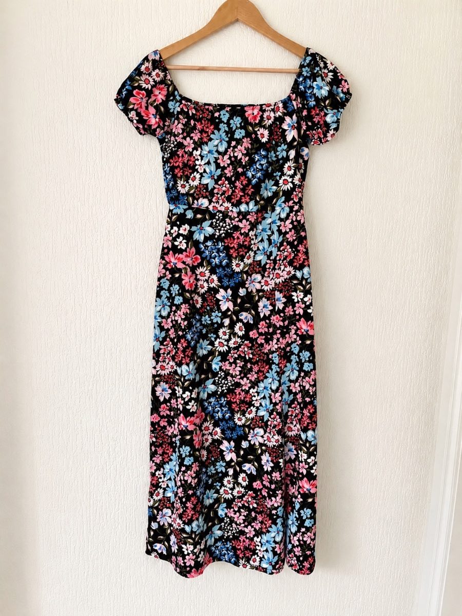 Floral Midi Dress Women Black Puff Sleeve Shirred Summer Cottagecore Size 8/10