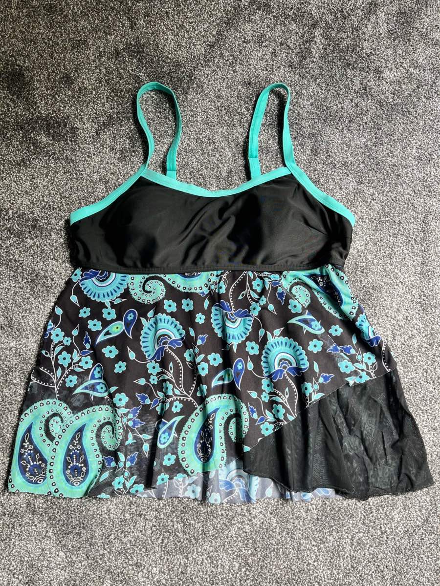 Swimdress Women’s XL Black Turquoise Paisley Skirted Swimsuit