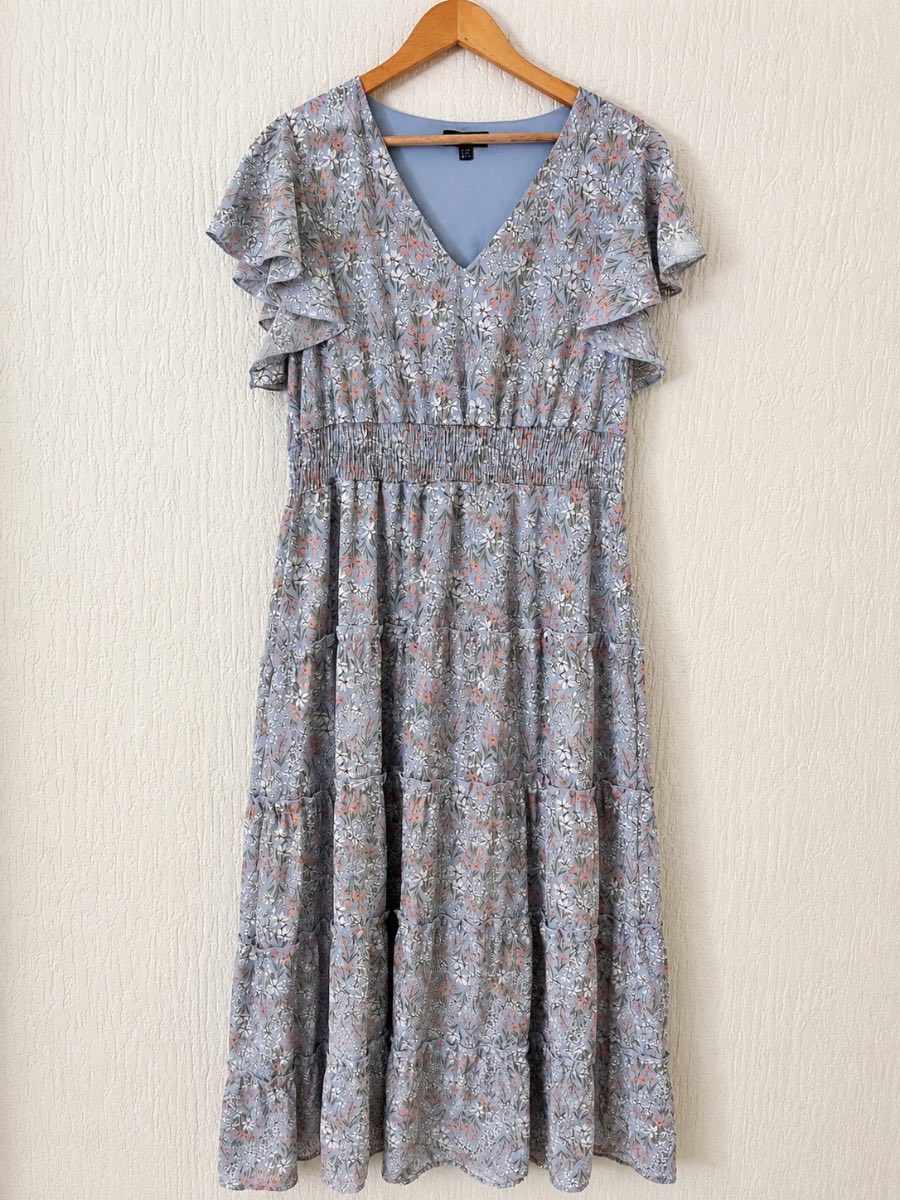 Blue Vanilla Floral Tiered Maxi Dress UK 14 Flutter Sleeve Summer