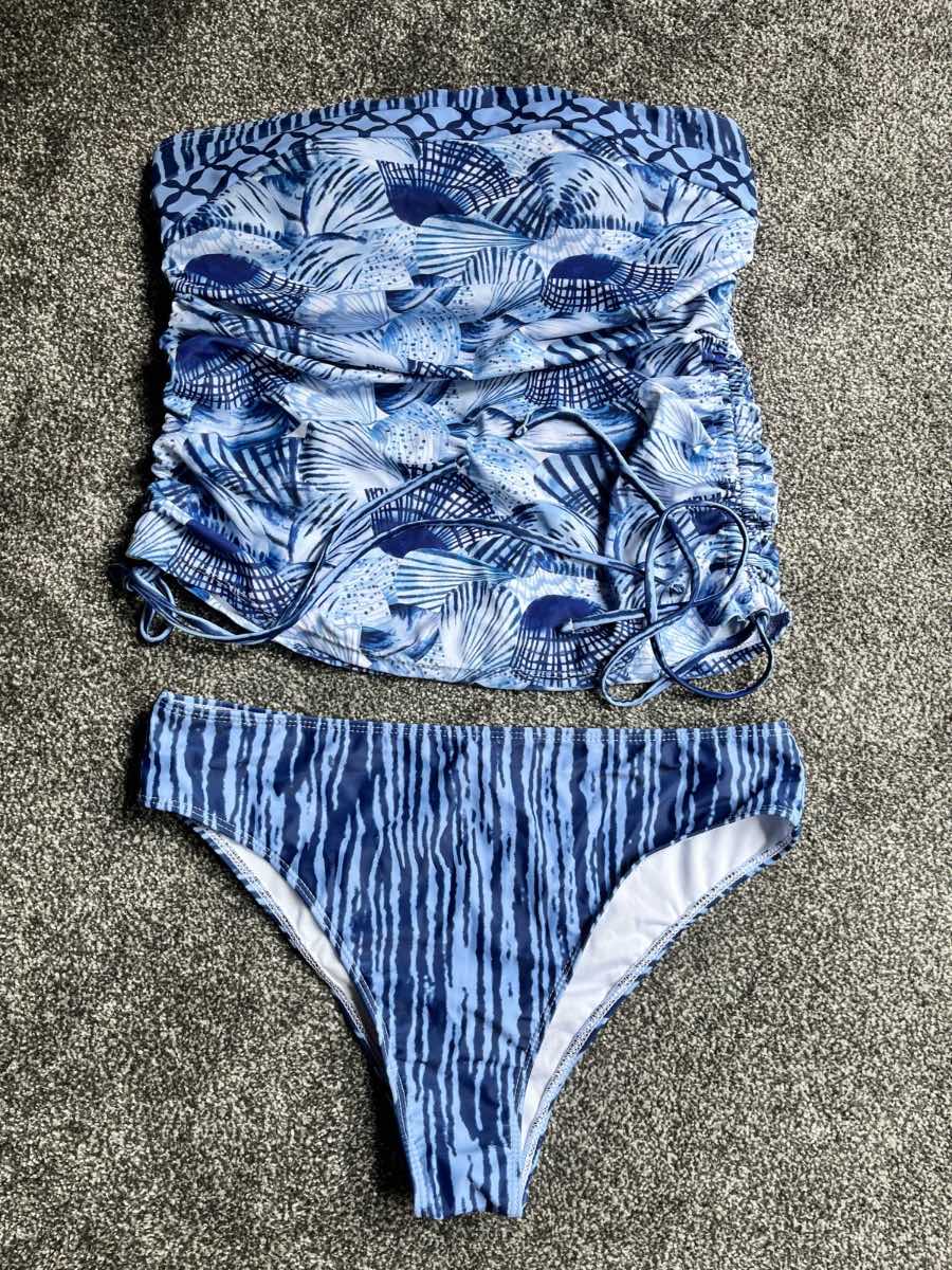 Strapless Tankini Bikini Set Women’s XL Blue Abstract Ruched Swimwear