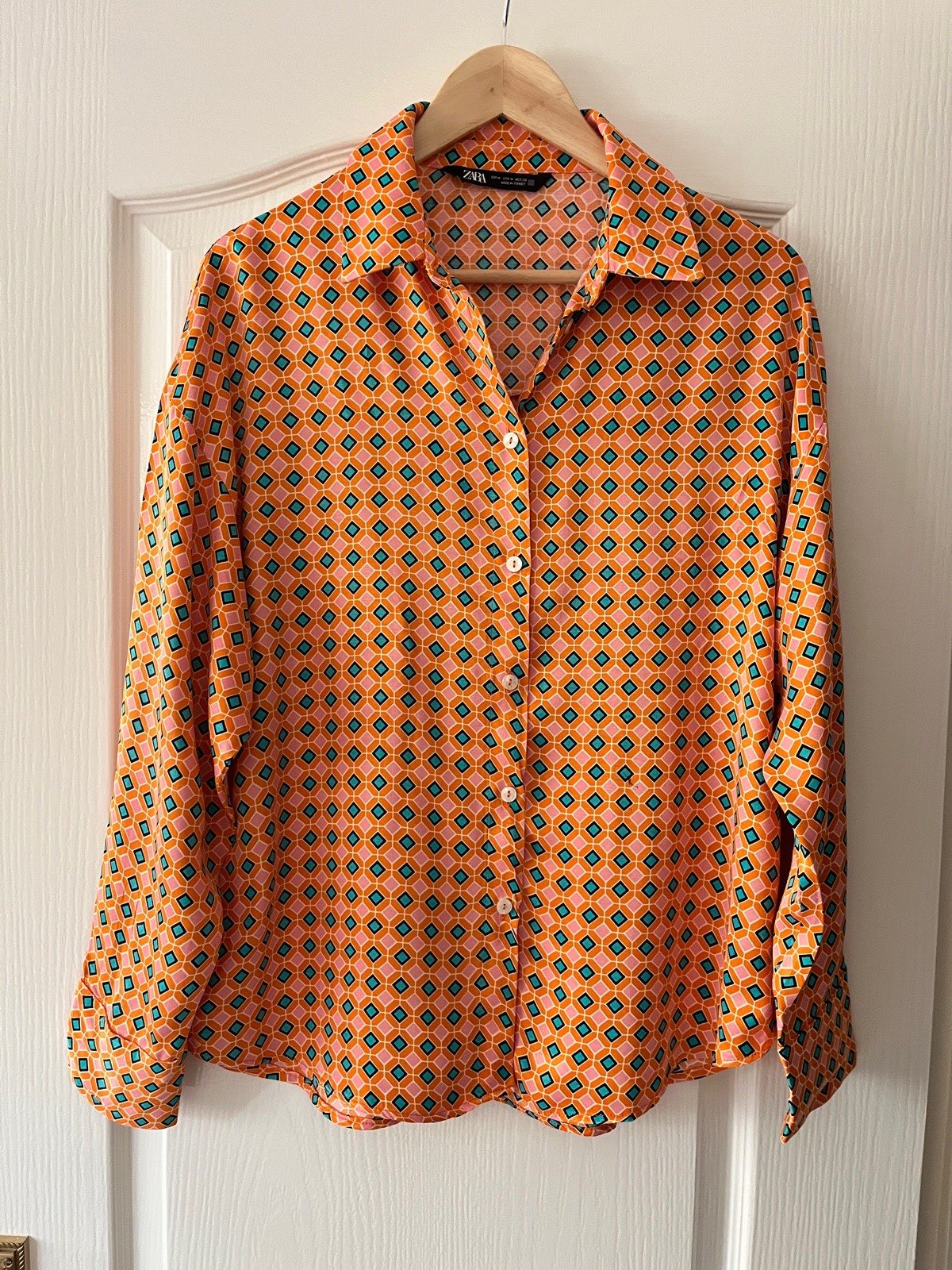 Zara Shirt Size M Orange Geometric Retro 70s Print Long Sleeve 100% Viscose