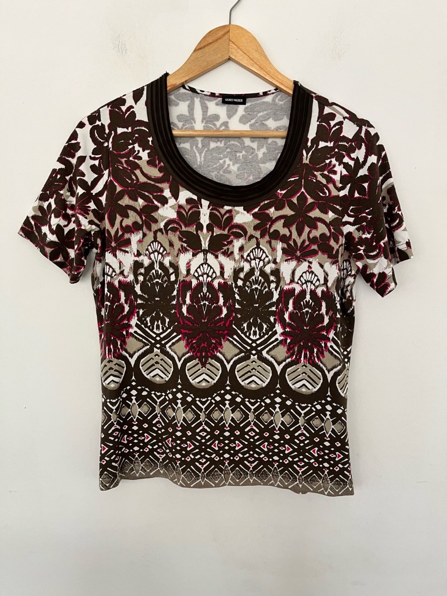 Gerry Weber Patterned Top UK 14 Brown Pink Beige Viscose Stretch Short Sleeve