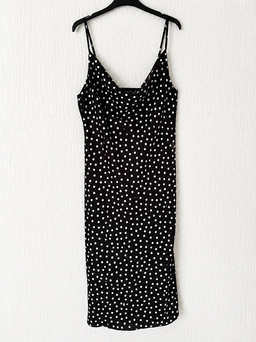 New Look Petite Slip Dress UK 12 Black White Polka Dot Cowl Neck Midi Party