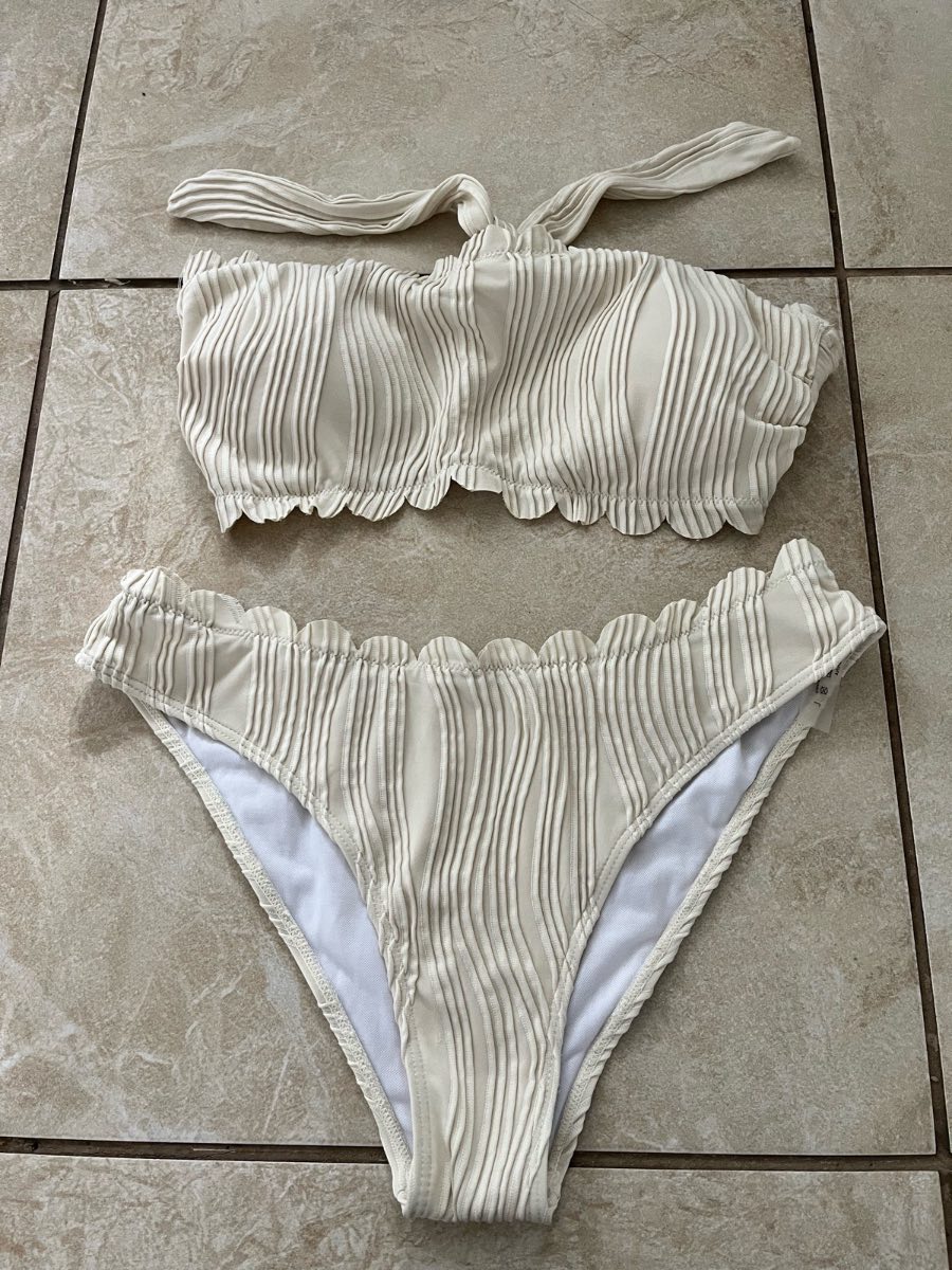 Cream Ribbed Bandeau Bikini Set Size L Frill High Leg Swimwear Holiday Beach