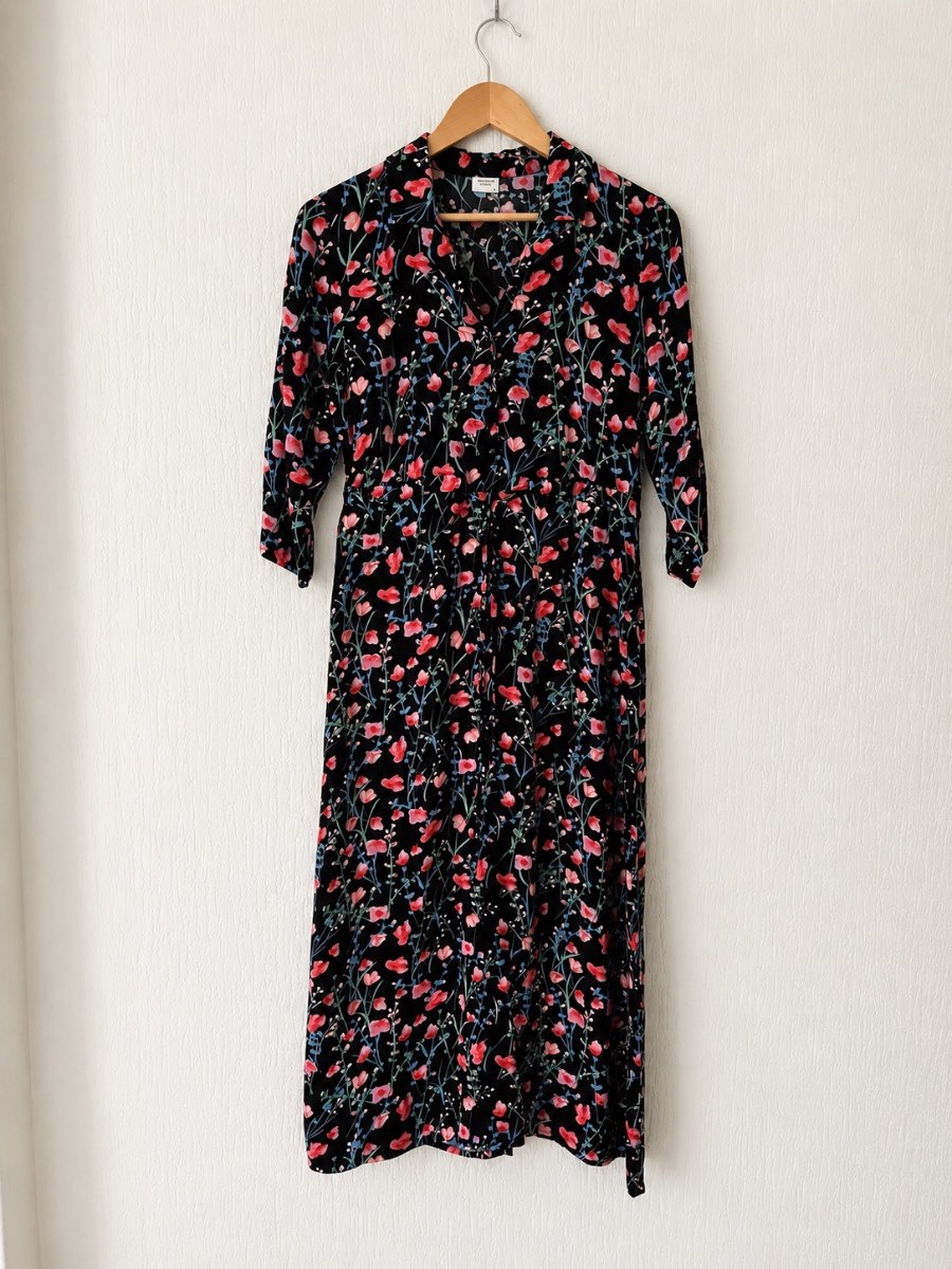 Jacqueline de Yong Floral Midi Shirt Dress UK 8 Black Pink Button Front EcoVero Viscose