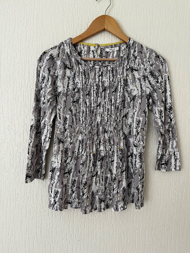 White Stuff Top Women’s UK 8 Grey Botanical Print Ruched Cotton Modal Blouse