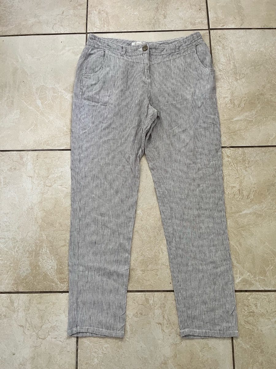BHS Linen Cotton Trousers UK 14 Grey White Stripe Straight Leg Summer