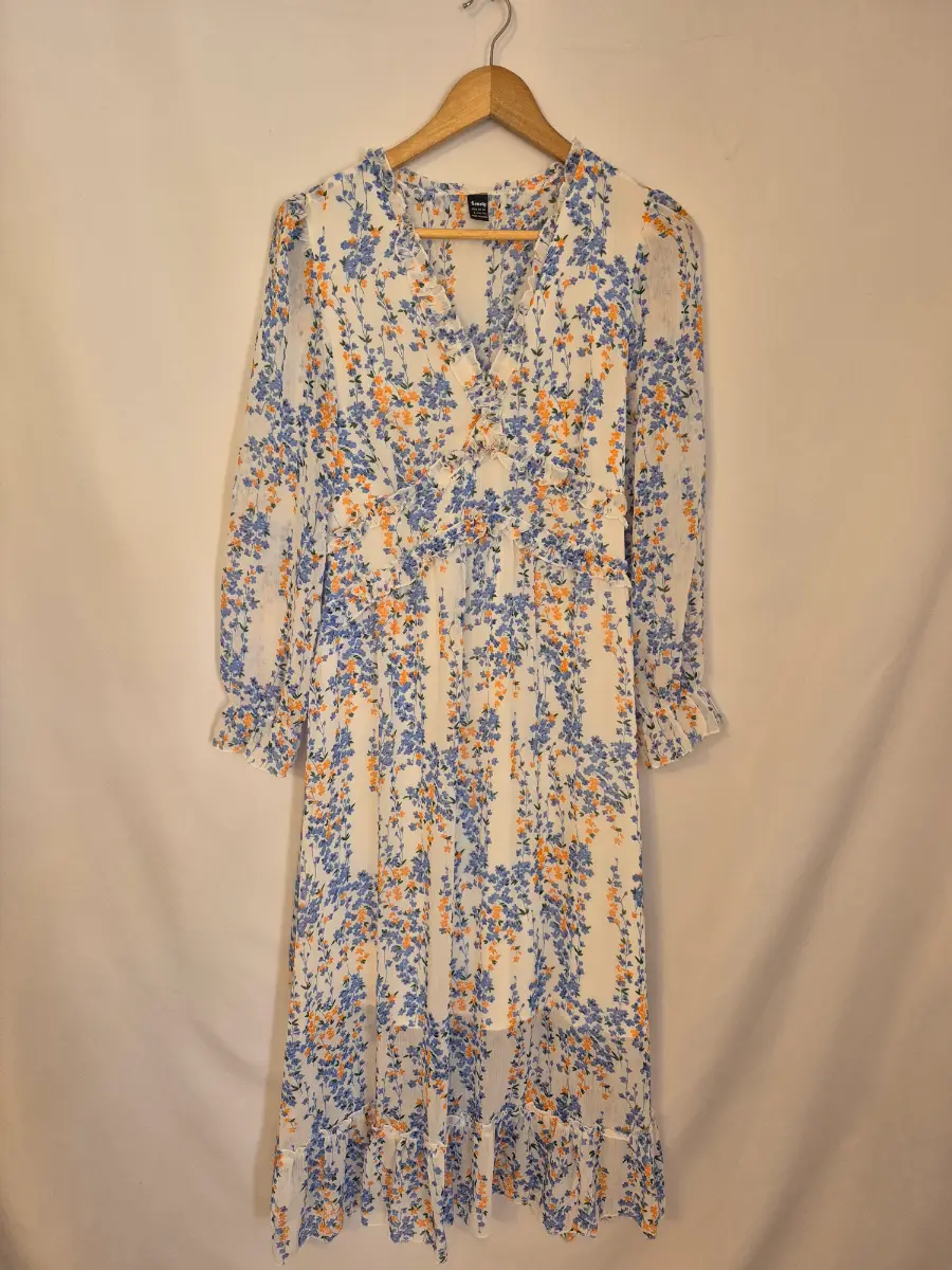 SHEIN Size L Blue Orange Floral V Neck Midi Dress Long Sleeve FN2
