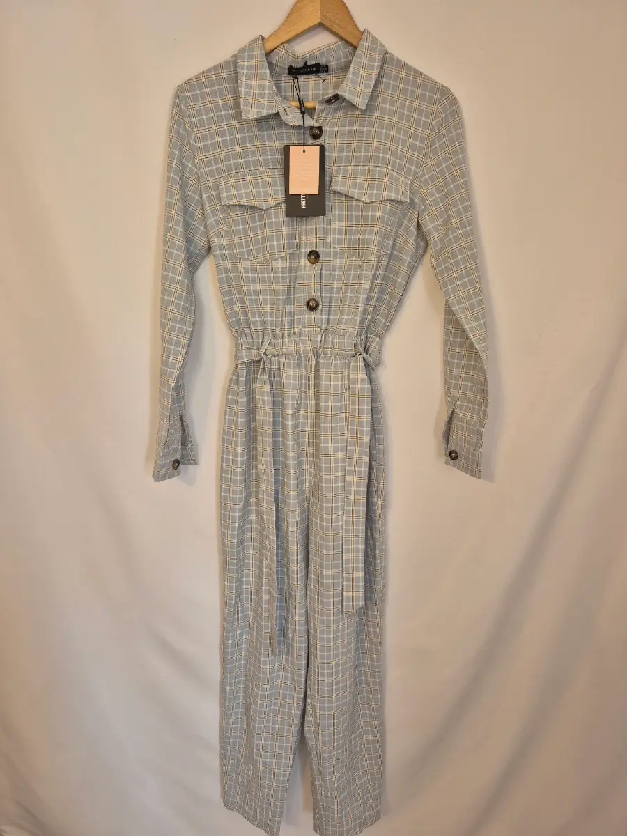 Pretty Little Thing Size 8 Blue Plaid Belted Jumpsuit NWT FN2