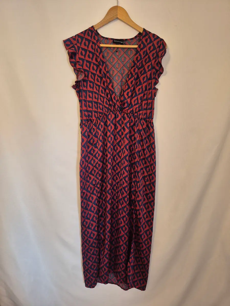 PrettyLittleThing Size 12 Geo Print Satin Midi Dress Frill FN1
