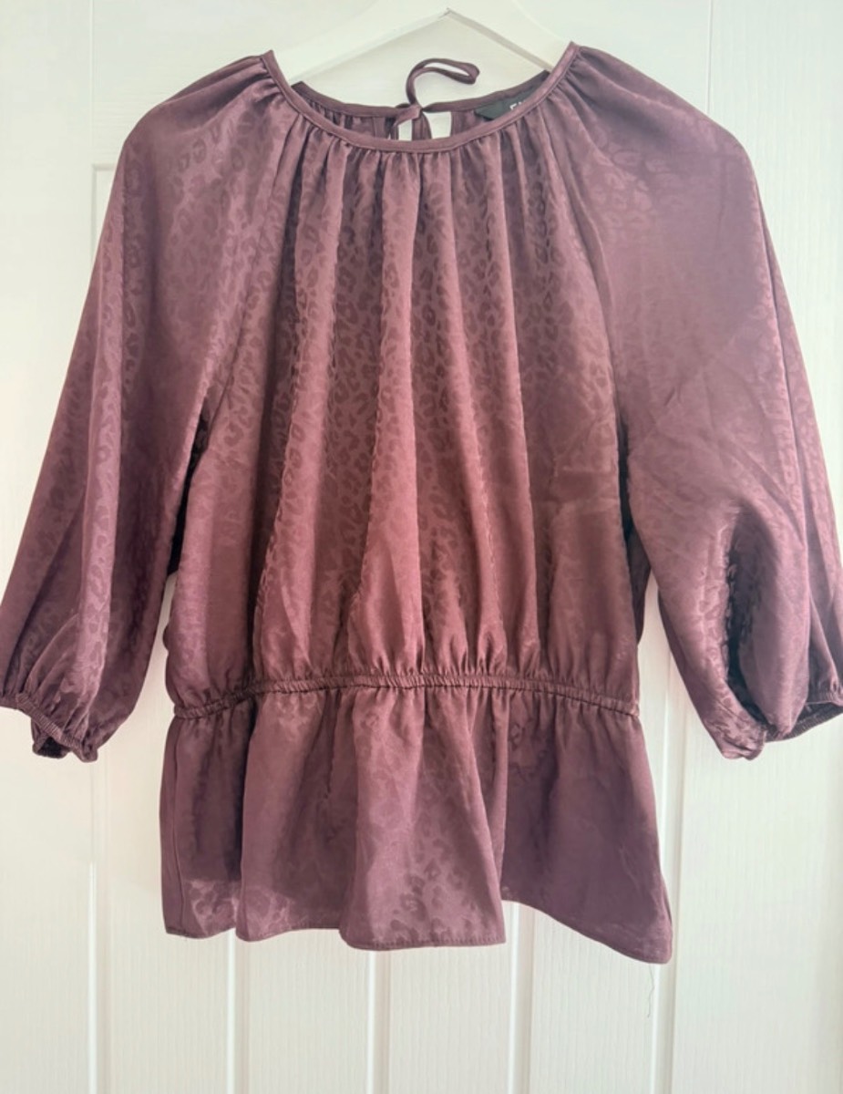mauve satin jacquard peplum blouse balloon sleeve top