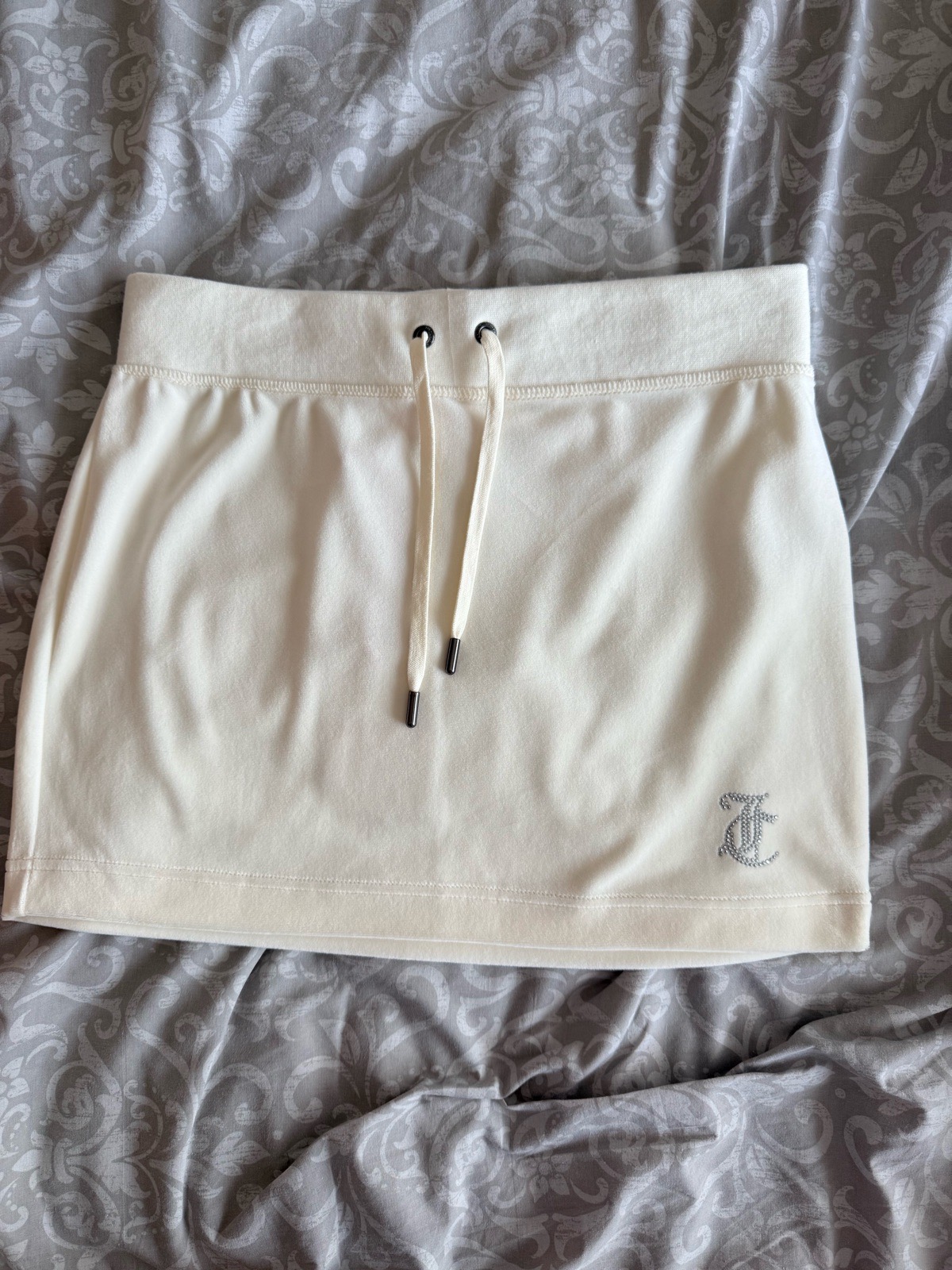 Juicy Couture Cream Velour Mini Skirt Rhinestone Logo Size S Y2K