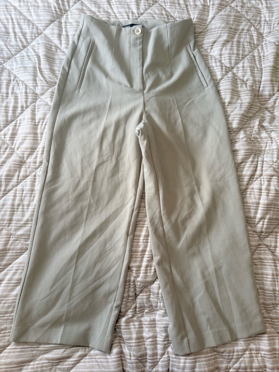 Zara grey Wide Leg Cropped Trousers High Waist Pleated
