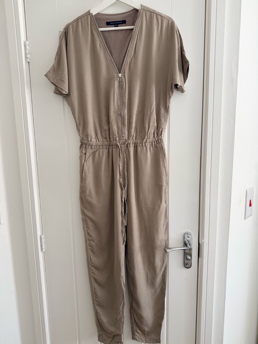 French Connection satin zip jumpsuit taupe UK6