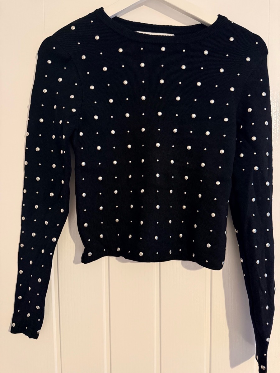 Black pearl embellished cropped knit jumper — party going out top