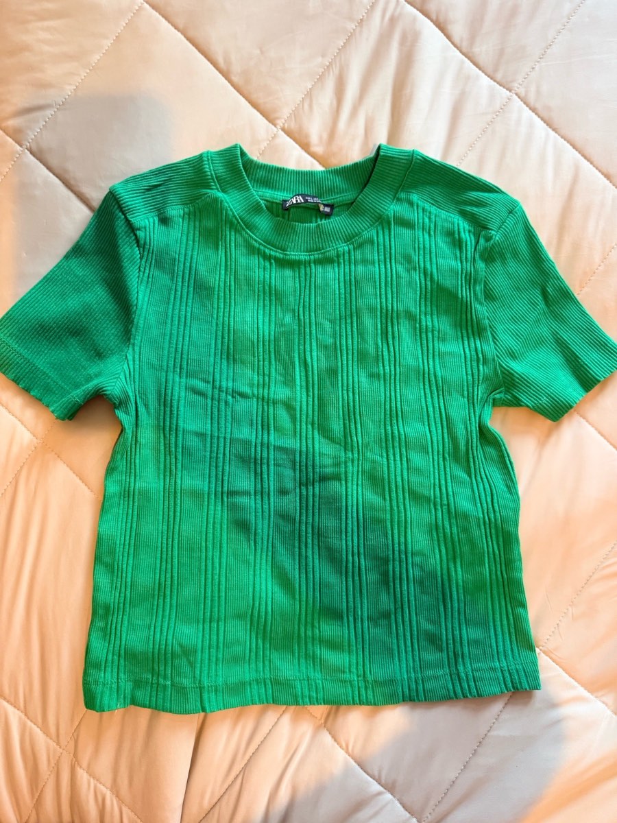 Zara Green Ribbed Knit Crop Top Short Sleeve