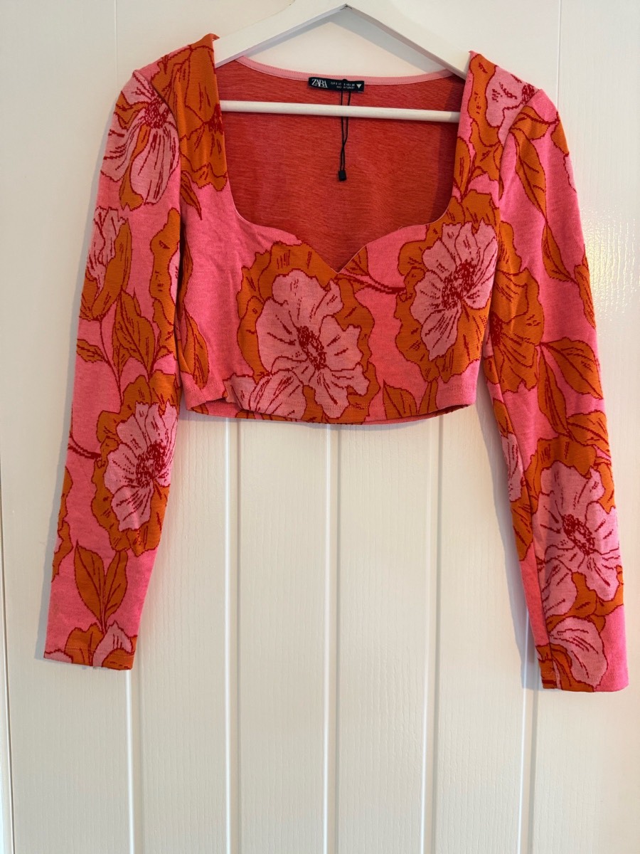 Zara Pink Orange Floral Jacquard Crop Top Sweetheart Neck