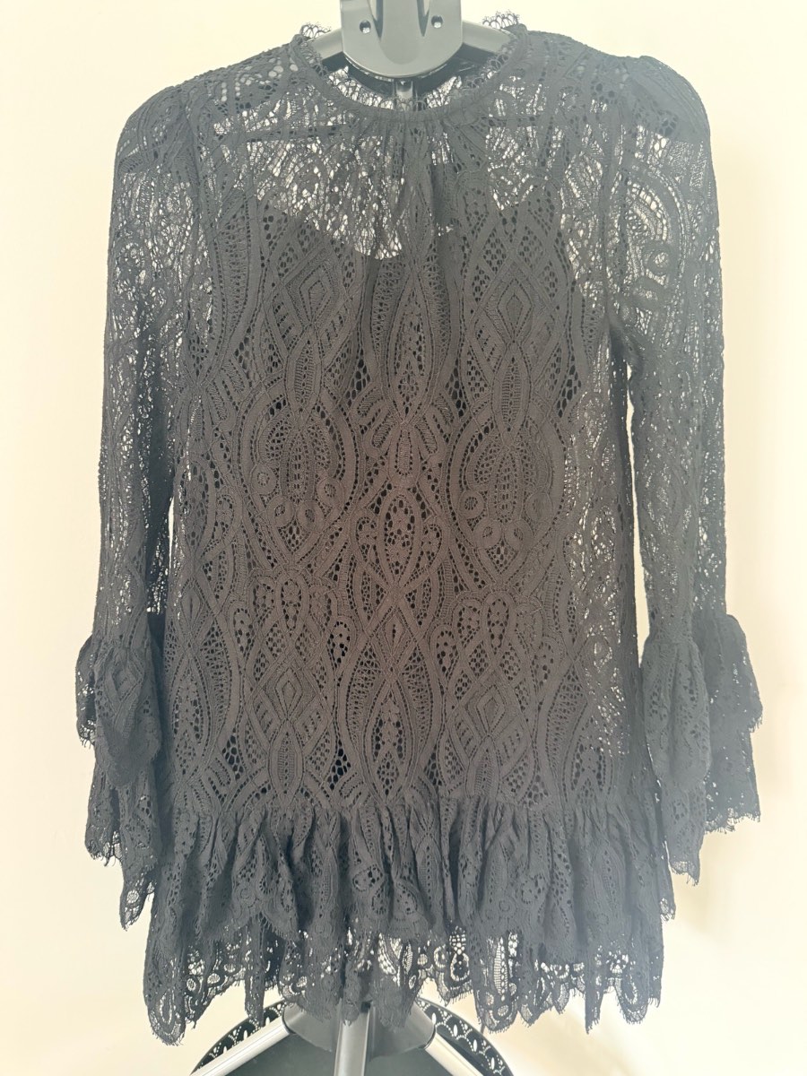 River Island Black Lace Mini Dress High Neck Ruffle Size 8 NWT