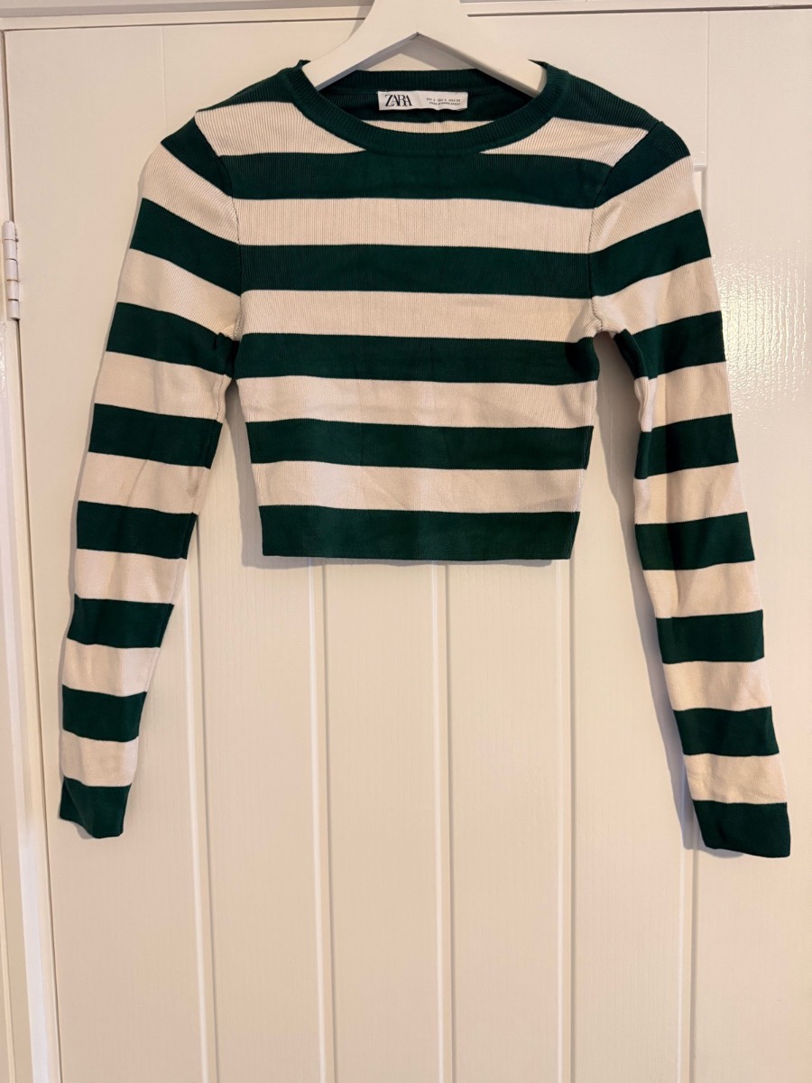 Zara Green & Cream Stripe Ribbed Crop Long Sleeve Top