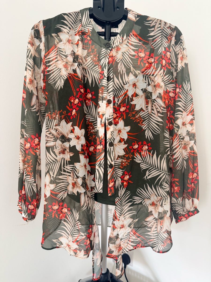 Wallis Tropical Floral Sheer Blouse Dark Green UK 8