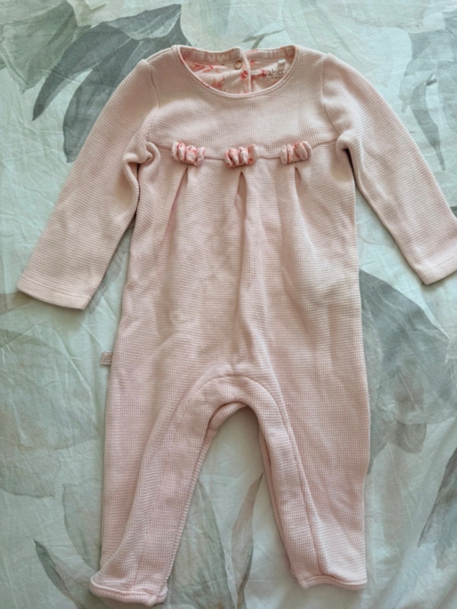 Baker by Ted Baker baby girl pink waffle sleepsuit ruffle detail