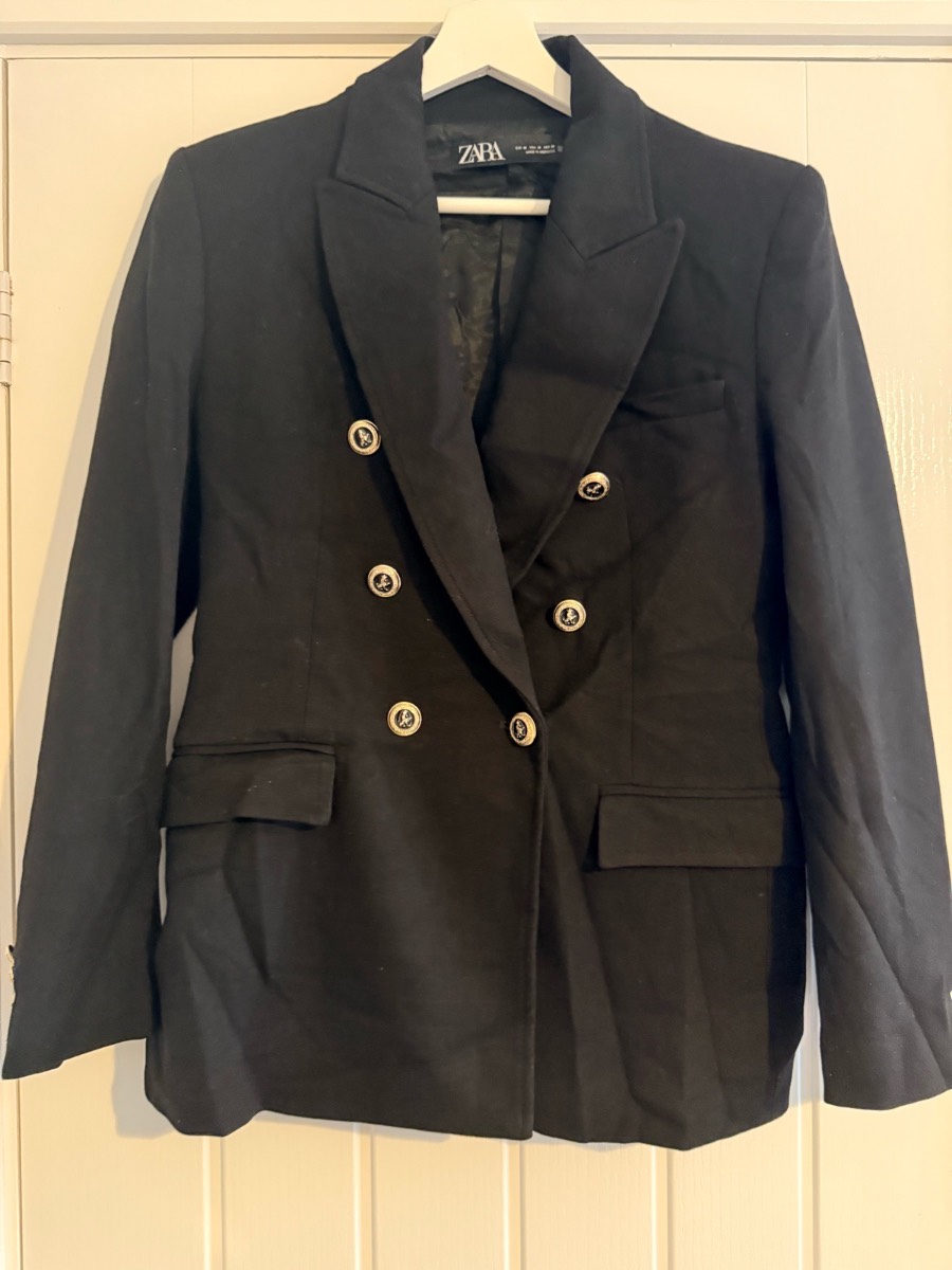 Zara Black Double Breasted Blazer Gold Coin Buttons