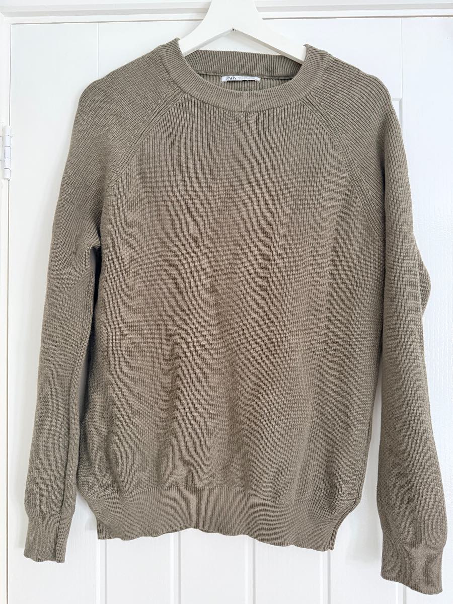 Zara 100% Cotton Rib Knit Crew Neck Jumper Taupe Size S